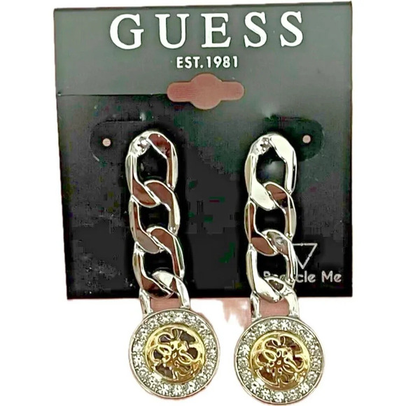 Guess Silver-Tone Chunky Chain Gold Pave Quatro G Logo Linear Drop Post Earring - Picture 4 of 5
